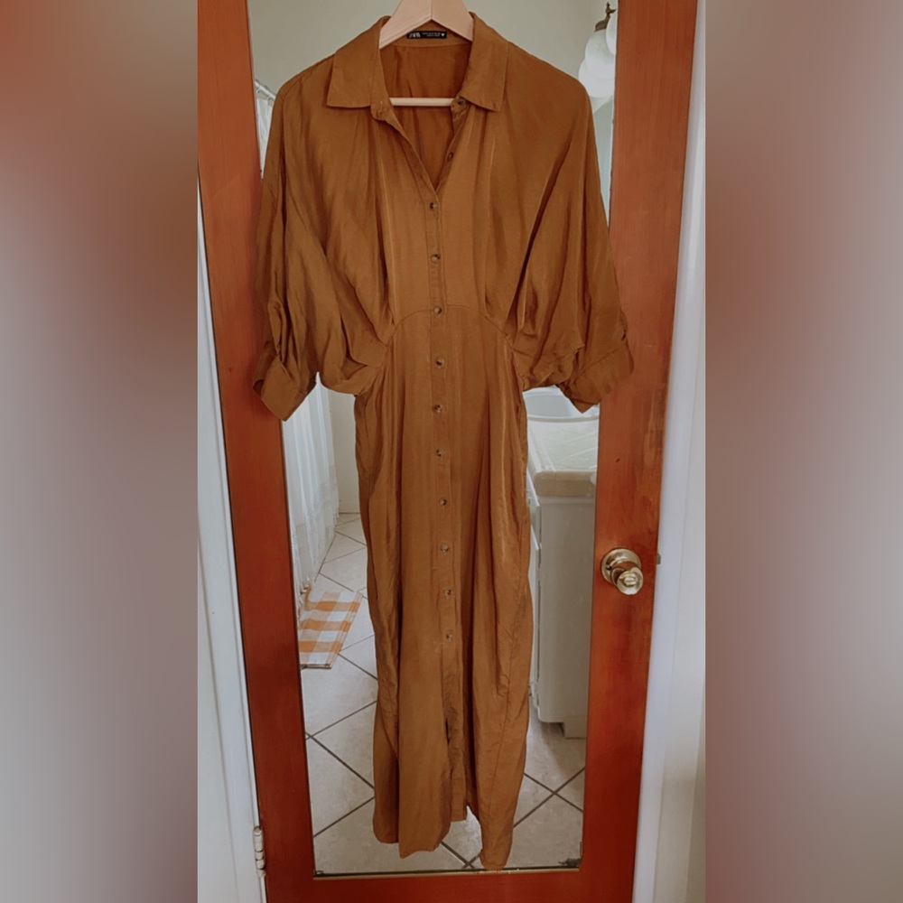 Zara Maxi Camel Short Sleeve Dress Small